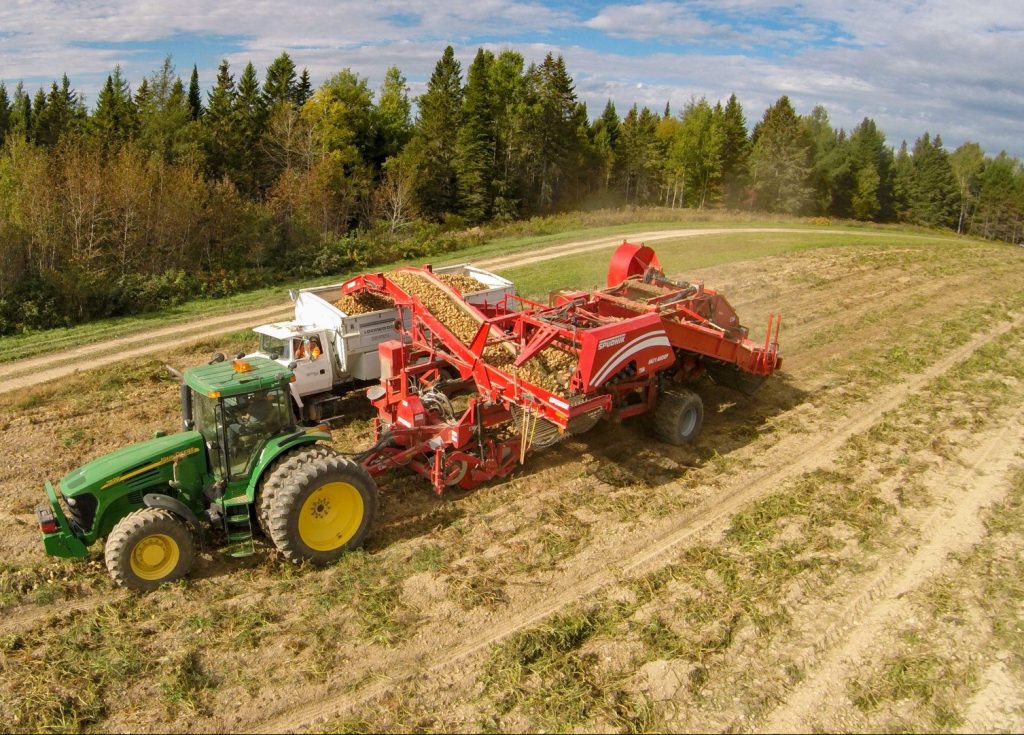A John Deere truck, a white bulk bed and a 2 row Airsep potato harvester.