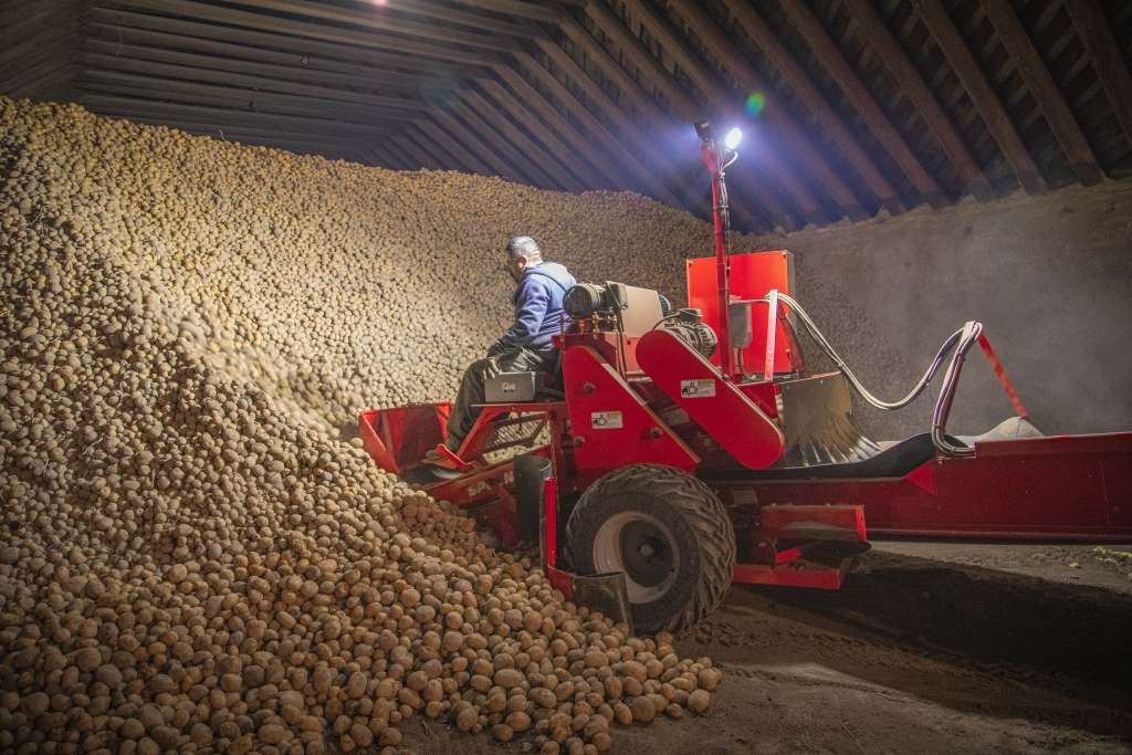 7 Ways Spudnik Is Trying to Be the Leading Manufacturer of Potato Farming Equipment? 3 Farm worker operating Spudnik Potato Scooper in a storage room full of potatoes.